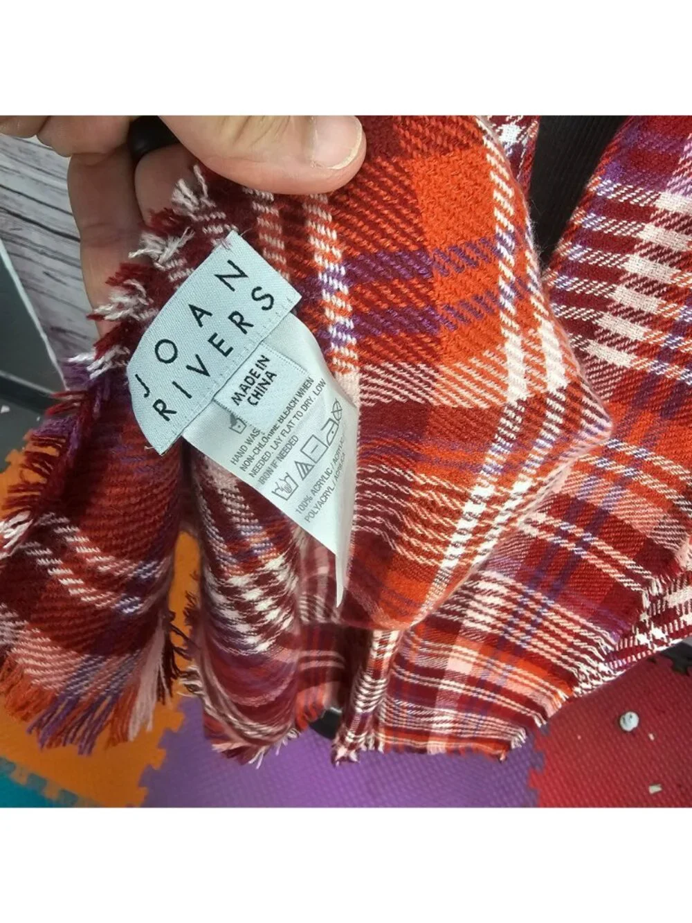 Joan Rivers Plaid Red & Orange Scarf Blanket Wrap Frayed Edges
